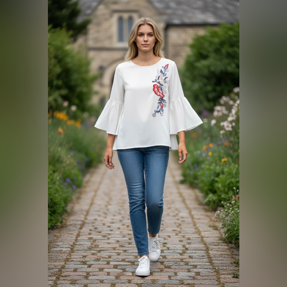 Rampage Women's White Boho‎ Bell Sleeves Embroidered Blouse